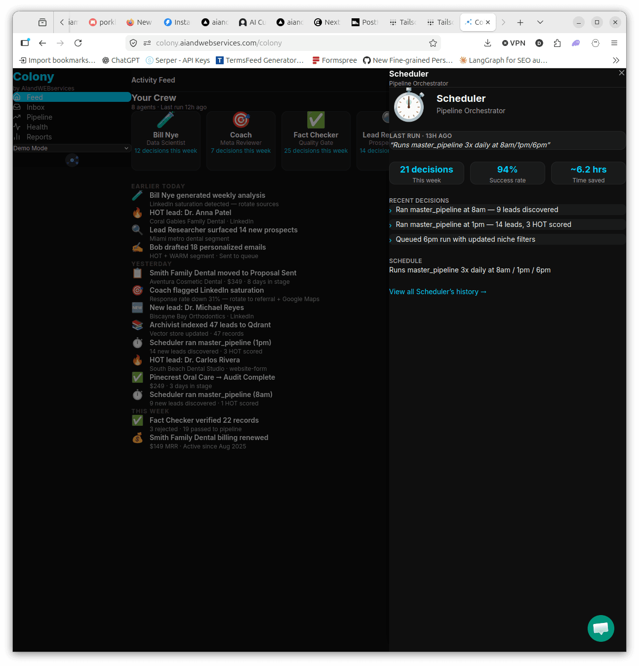 Agent profile panel showing Bill Nye's weekly activity and track record