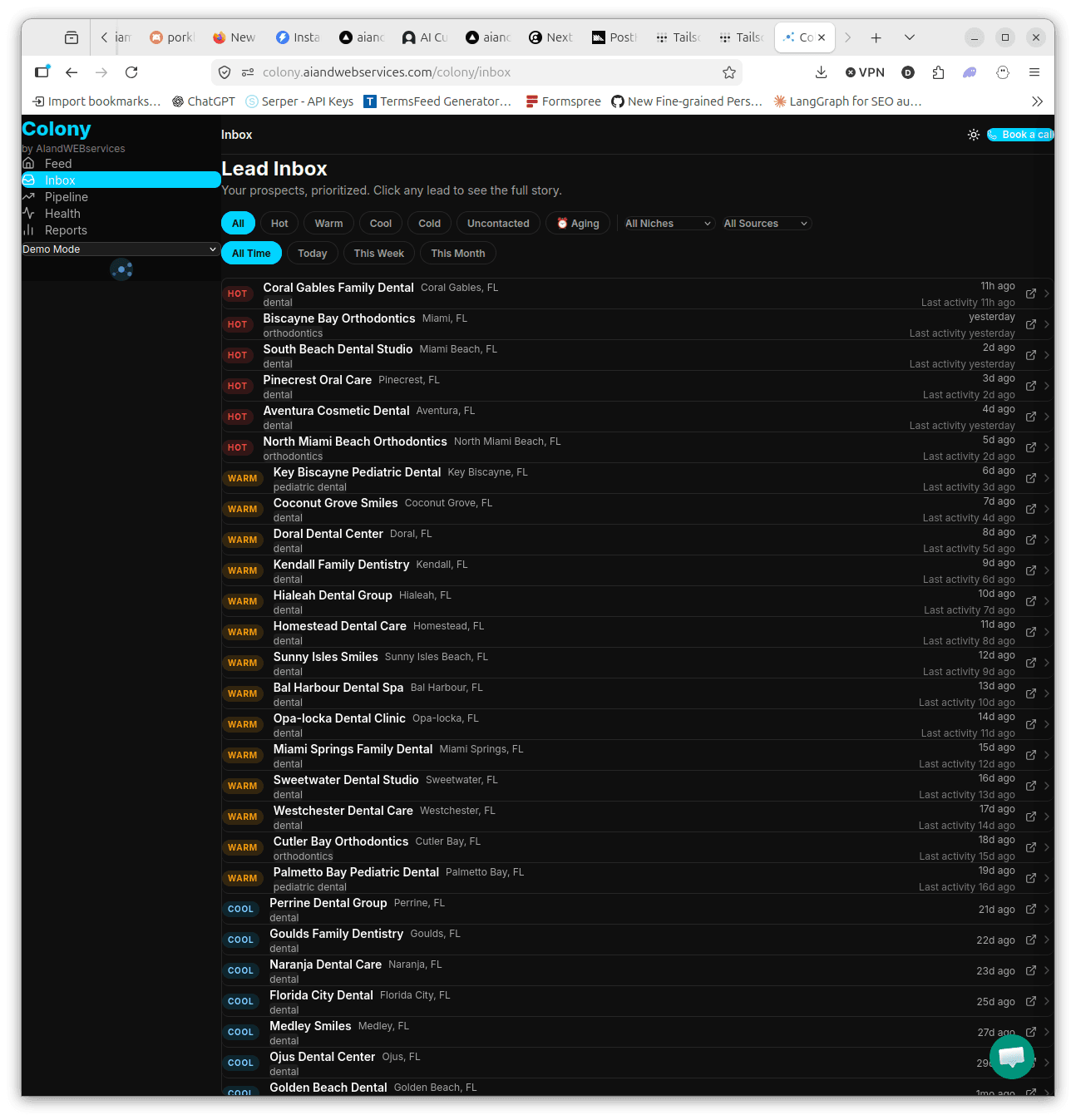 Lead inbox with temperature filters and prospect list