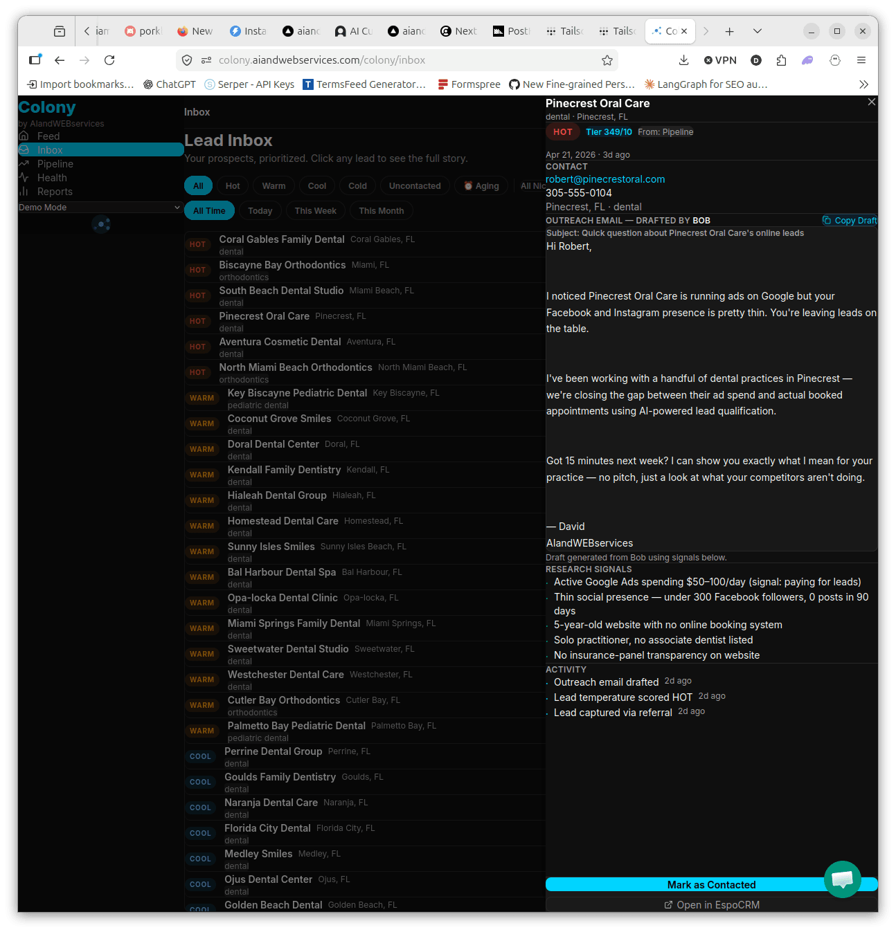 Lead detail panel with signals, drafts, and activity history